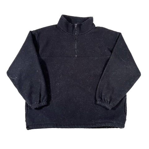 Dark gray fleece pullover with a quarter zip on a white background