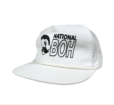 White cap with 'National Boh' text and logo on a gray background