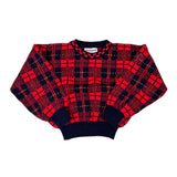 Red and black plaid sweater on a white background