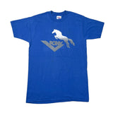 A vintage royal blue short-sleeve t-shirt featuring a distressed gray graphic of a rearing horse and the word 'PONY' on the front, laid flat on a white background.