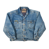 A vintage blue denim work jacket laid flat on a white background, featuring a button-up front, two chest pockets, and a visible 'Rough Rugged' brand label.