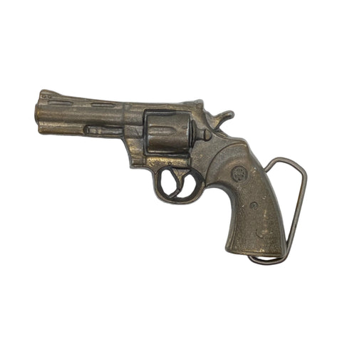 Bronze revolver belt buckle on a white background