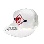 White cap with red and black logo on a white background