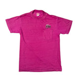 A bright pink short-sleeve crewneck t-shirt with a left chest pocket and a small embroidered logo, laid flat on a white background.