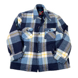 Plaid shirt with blue, yellow, and gray pattern on a white background