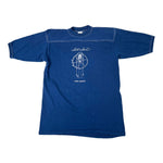 Blue t-shirt with white graphic design on a white background