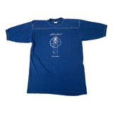 Blue t-shirt with white graphic design on a white background