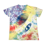 Colorful tie-dye t-shirt with abstract designs on a white background