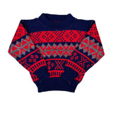 Navy and red patterned sweater on a white background