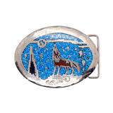 An oval silver-tone belt buckle featuring a detailed inlay design of a brown howling wolf, a red sun, and a blue starry sky with white clouds.