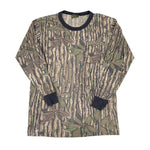 Camouflage-patterned long-sleeve shirt with black accents on a white background