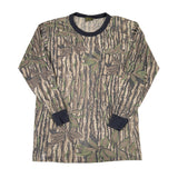 Camouflage-patterned long-sleeve shirt with black accents on a white background