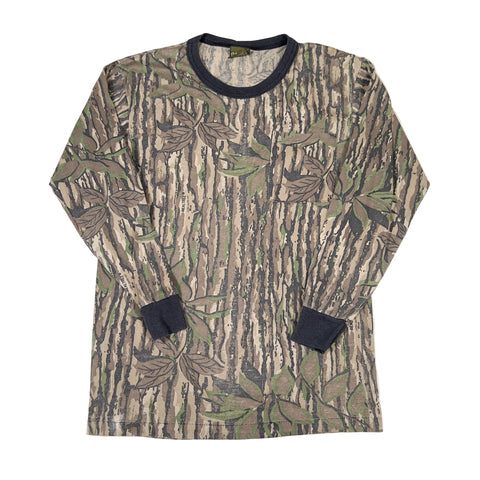 Camouflage-patterned long-sleeve shirt with black accents on a white background