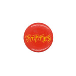 Red button with yellow text on a white textured background