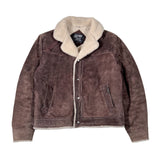 Brown suede jacket with beige shearling collar on a white background