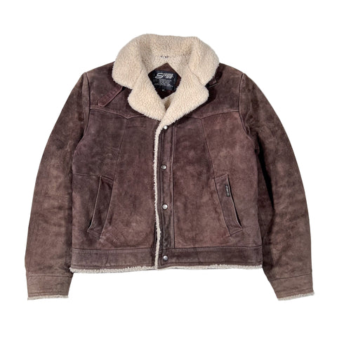 Brown suede jacket with beige shearling collar on a white background