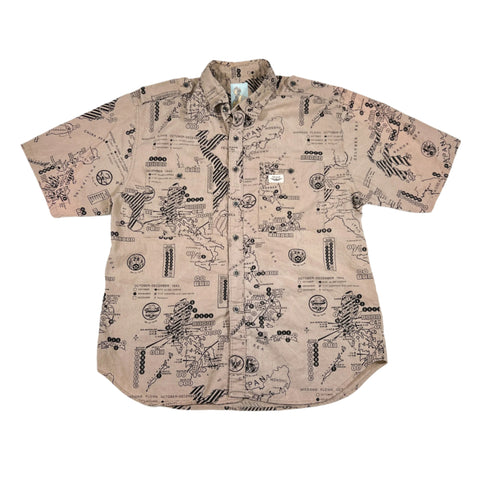 Vintage 80's Test Pilot All Over Print WWII Map Button Shirt