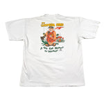 White t-shirt with a colorful graphic design on a white background