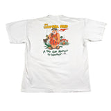 White t-shirt with a colorful graphic design on a white background