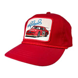 Red cap with a race car patch on a white background