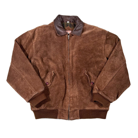 Brown suede jacket with plaid lining on a white background