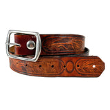 Brown leather belt with silver buckle on a white background
