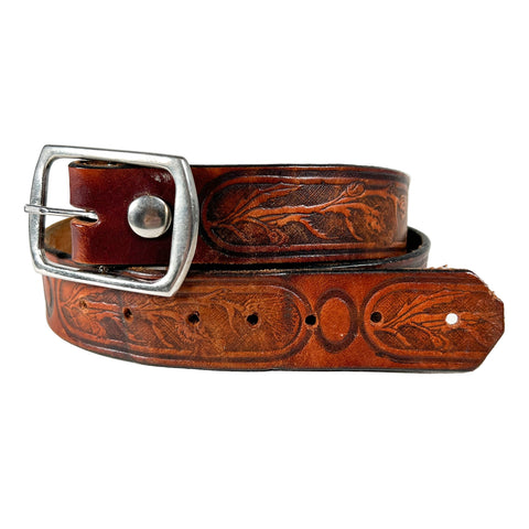 Brown leather belt with silver buckle on a white background