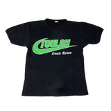 Black t-shirt with green and white text on a white background