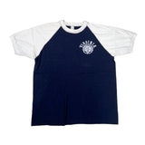Navy blue and white baseball shirt with 'Virginia' logo on a light gray background