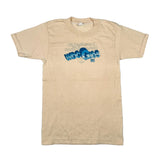 Beige t-shirt with blue and white text on a light gray background