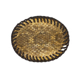 Round woven object with a textured surface on a white background