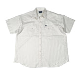 White short-sleeve button-up shirt with subtle pattern on a white background
