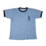 Blue ringer t-shirt with black trim on a white background