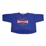 Blue long-sleeve shirt with 'Bonjour' logo on a white background