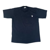 Black t-shirt with a small logo on a white background