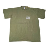 Green t-shirt with a small logo on a white background