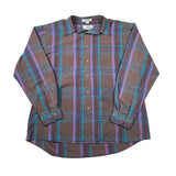 A long-sleeve button-up plaid shirt laid flat on a white surface. The shirt features a brown base with purple, teal, and gray plaid stripes.