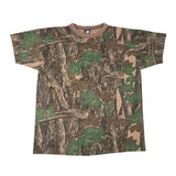 Camouflage-patterned t-shirt on a white background
