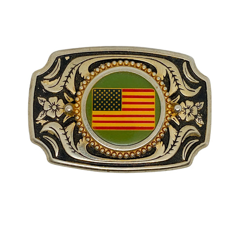Decorative belt buckle with American flag design on a white background