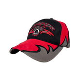 Black, red, and gray cap with a logo on a white background