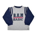 Gray and navy sweatshirt with 'B.U.M Equipment Basic' text on a white background