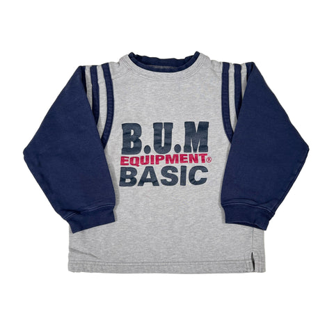 Gray and navy sweatshirt with 'B.U.M Equipment Basic' text on a white background