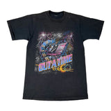 Black t-shirt with 'Back to the Future' themed graphic on a white background