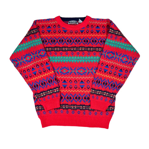 Vintage 90’s Badge Bright Geometric Red Multi Knit Sweater 