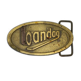 Brass belt buckle with 'Oandao' branding on a white background