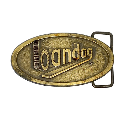 Brass belt buckle with 'Oandao' branding on a white background