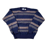 Navy and beige striped sweater on a white background