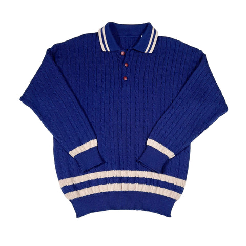 Blue ribbed sweater with white stripes on a white background