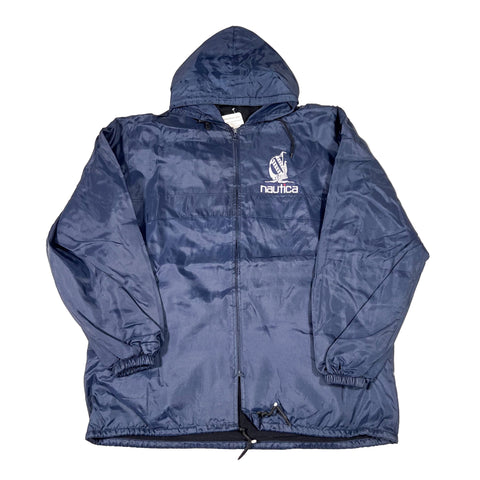 Blue raincoat with a brand logo on a white background