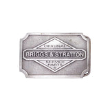 A rectangular metal Briggs & Stratton service parts emblem or badge with rounded corners, shown on a plain white background.
